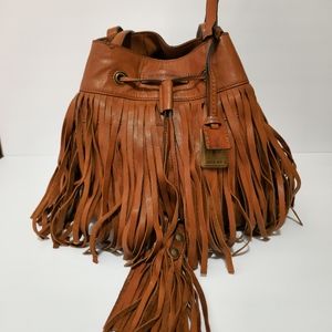 FRYE HEIDI BROWN ITALIAN LEATHER FRINGE TASSELED DRAWSTRING SHOULDER BAG